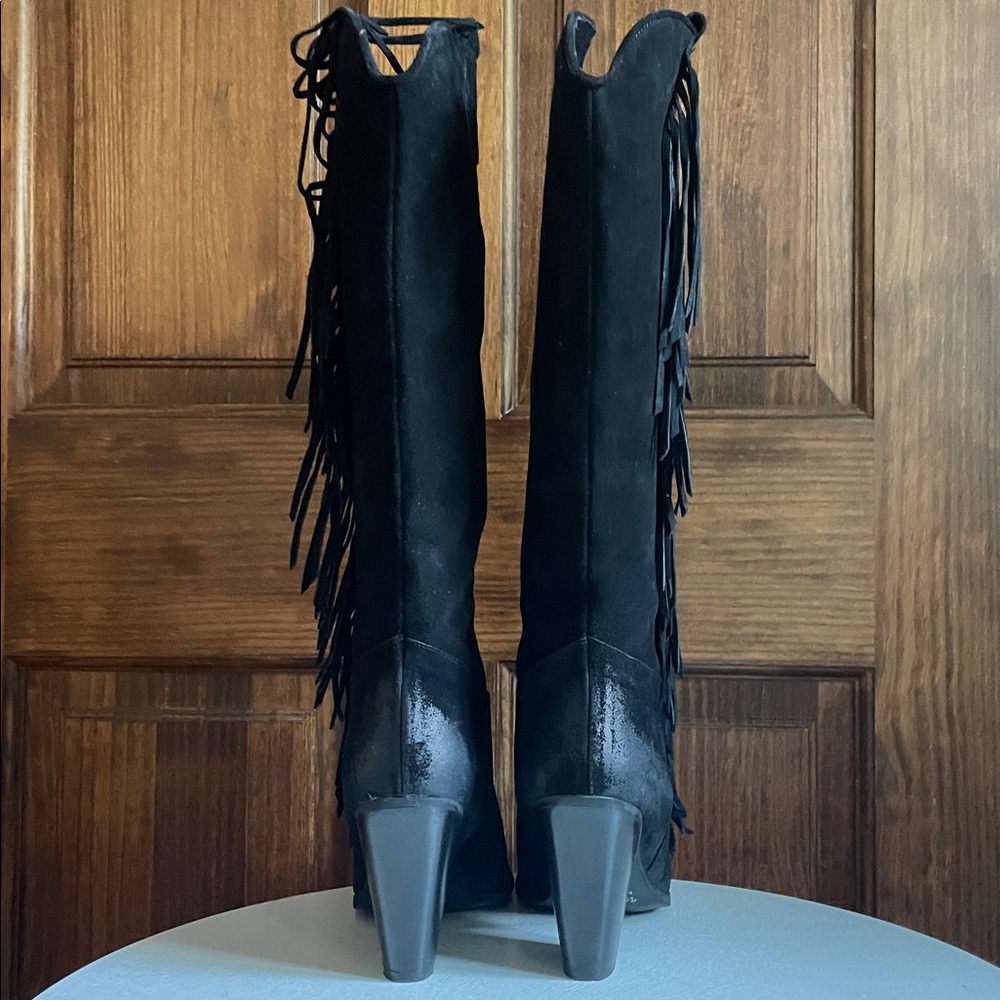 FREE PEOPLE Black Suede Boots Fringe Western Festival Silver Toe Tips Caps 40 10 - Picture 6 of 12
